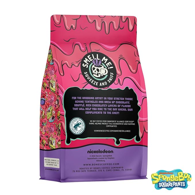 Bones Coffee Company Spongebob Soufflé Symphony, Chocolate Soufflé Flavored Ground Coffee Beans, Low Acid Medium Roast Arabica Beans Flavored Coffee, 12 oz Ground