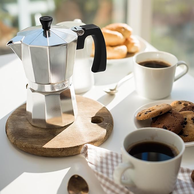 Zulay Moka Pot Espresso Stovetop Coffee Maker - Leak-Proof, Stainless Steel, Easy to Clean, Heat Resistant Handle & Knob -for Authentic Cuban & Italian Style Espresso - Makes 12 Espresso Cups - Silver