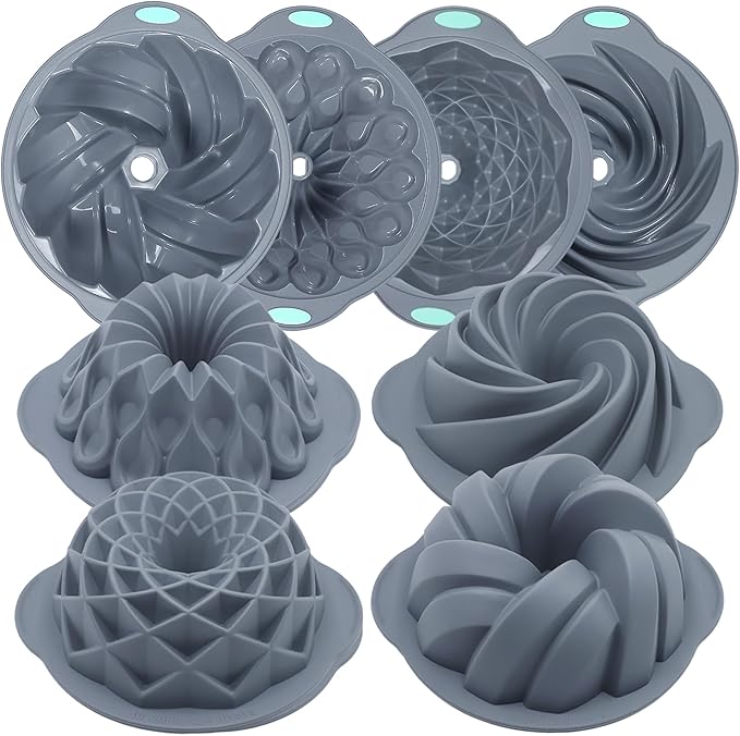 Tongjude 4 Pieces Silicone Fluted Cake Pans, 9/10/12 Cups Tube Baking Pan, Silicone Molds for Homemade Cake, Bread and Jello, Non-Stick, Grey