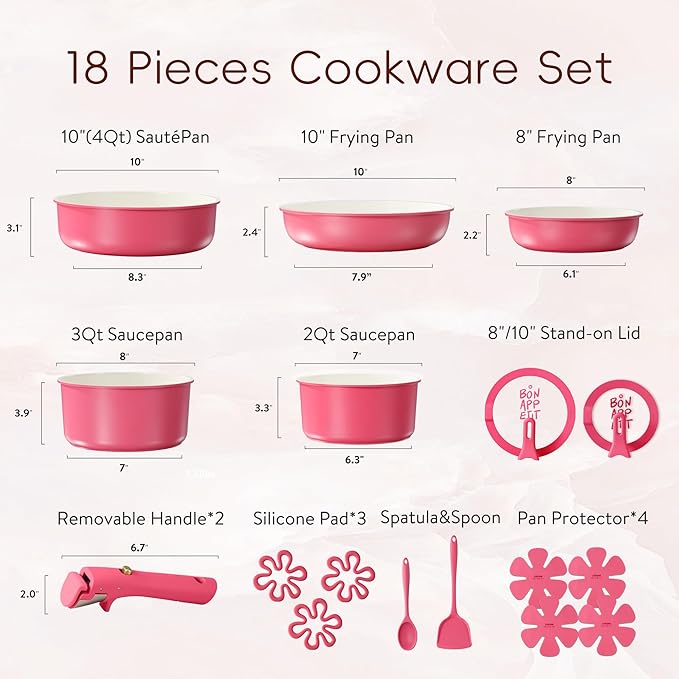 CAROTE 18Pcs Ceramic Cookware Set with Detachable Handle, Pots and Pans Set Non Stick, Non Toxic Kitchen Cooking Sets with Stand-Up Lid, PFAS and PFOA Free, Oven Safe, Induction Ready, Pink