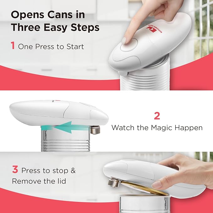 Kitchen Mama Auto Electric Can Opener: Open Your Cans with A Simple Press of Button - Automatic, Hands Free, Smooth Edge, Food-Safe, Battery Operated, YES YOU CAN (White)