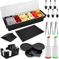 Bartending Supplies - 18" x 12" Bar Mat Garnish Tray with Lid Bar Caddy 3 Tier Bar Glass Rimmer, 2 Plastic Juice Pour Bottles 3 Mini Tongs 12 Classic Liquor Bottle Pourers 500 Cocktail Straws(Black)