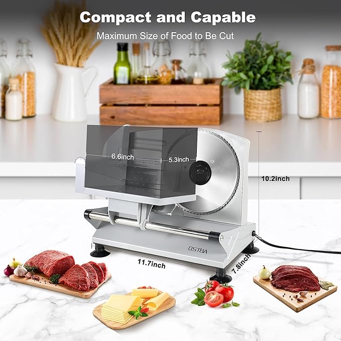 OSTBA Meat Slicer Machine, Two 6.7” Removable Stainless Steel Blades and Food Carriage, 150W Electric Deli Food Slicer for Home Use, Easy to Clean, 0-15mm Adjustable Thickness for Meat, Cheese, Bread