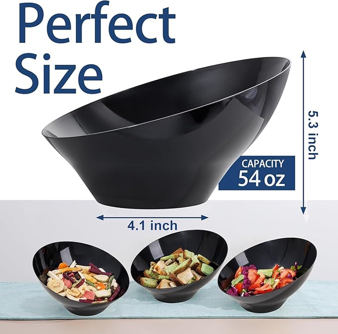 bUCLA 12 Pack Black Plastic Serving Bowls - 54 OZ Angled Bowls Disposable for Chip&Candy - Party Table Salad and Fruit for Party, Wedding & New Year