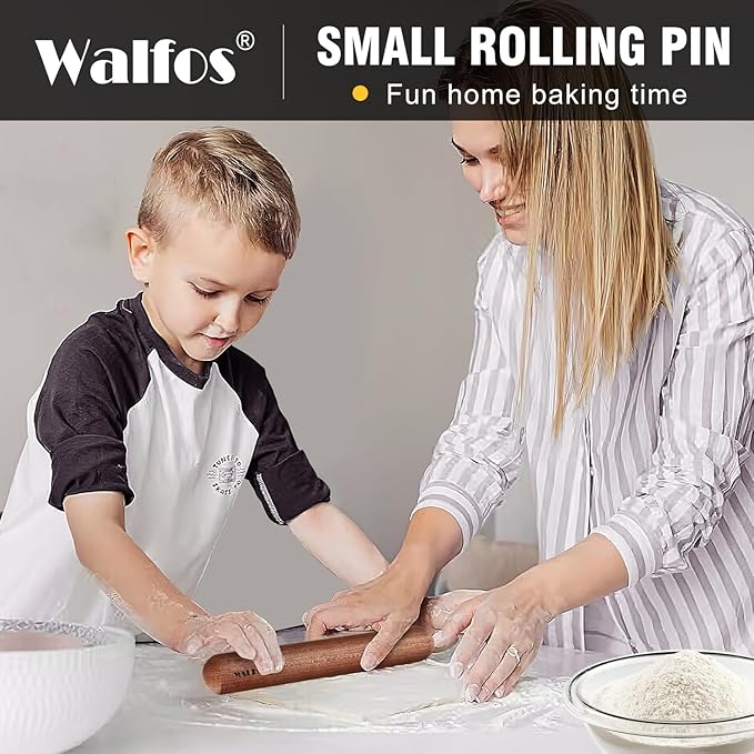 Walfos Mini Rolling Pin Set - Small Natural Wooden Rolling Pins (8inch) With Non-stick Silicone Fiber Baking Mat, Baking Dough Roller for Pizza, Pie, Pasta, Bread, Pastry