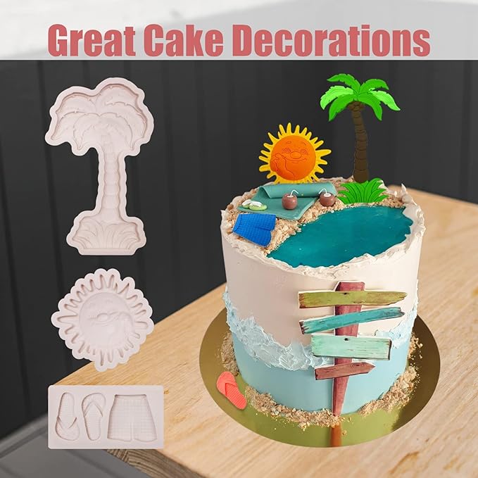 3 Pcs Hawaiian Coconut Tree Fondant Molds, Seaside Beach Sun Silicone Molds, Slipper Surf Shorts Clay Mold for Cake Decorating, Candy Chocolate Marzipan Resin Crafts, Summer Party, Halloween