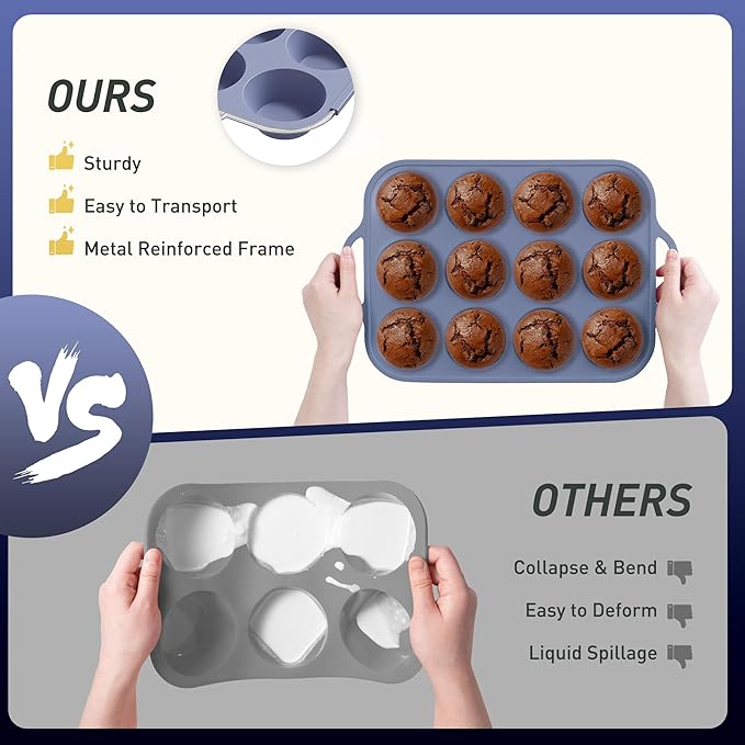 2 Packs 12 Cups Silicone Muffin Pan with Metal Reinforced Frame Regular Size Cupcake Pan Tray Egg Bites Silicone Circle Cookie Molds Muffin Tin Tart Pans Baking Sheet Set for Breakfast Sandwiches