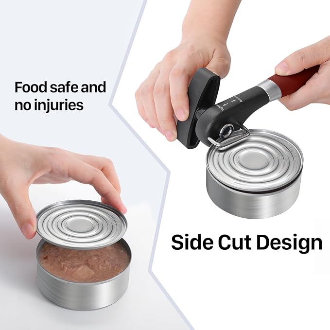 Beneno Can Opener, Manual Side Safe Cut Can Opener Smooth Edge with Durable Sharp Blade, Effort-Saving Knob & Comfortable Non-slip Handle, Red