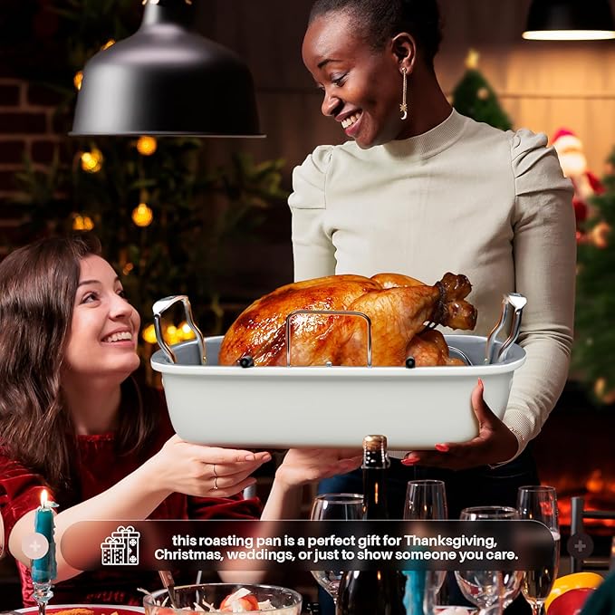 Nonstick Turkey Roasting Pan with Rack, 17 x 13 Inch Turkey Pan, large roaster pan for Meat & Vegetable, White