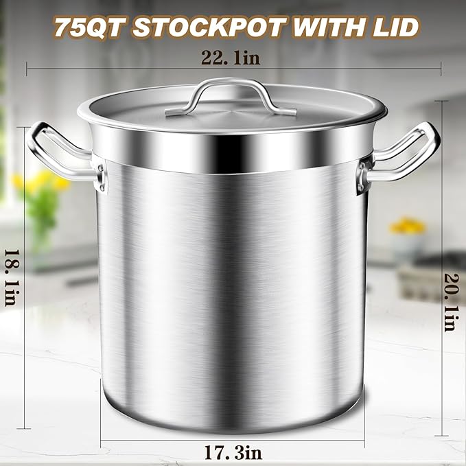 Large Stock Pot - 75QT Stainless Steel Stockpot with Lid, Heavy Duty Tri-Ply Bottom Commercial Grade Soup Pot for Cooking Soup, Stew, Canning, Oven, Gas, Ceramic, Dishwasher Safe