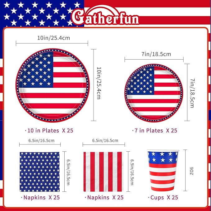Gatherfun American Flag Patriotic Party Supplies Disposable Napkins Paper Plates and Paper Cups for Veterans Day Election Day 4th of July Independence Day Decorations, Serve 25