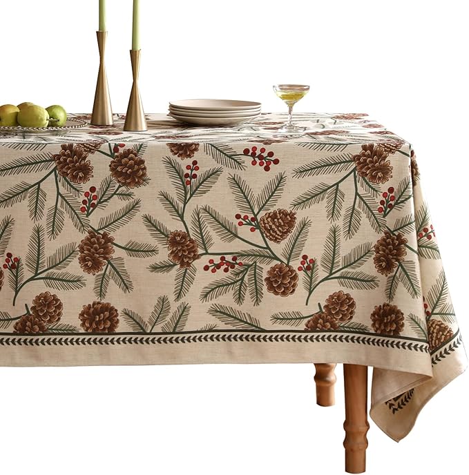 ISAENNE Designer Christmas Beige Linen Long Rectangle Tablecloth,Pinecones Pattern Indoor Table Cloths,Washable Decor Tablecloths for Dining Thanksgiving Kitchen Christmas,63"*102"-Carol B
