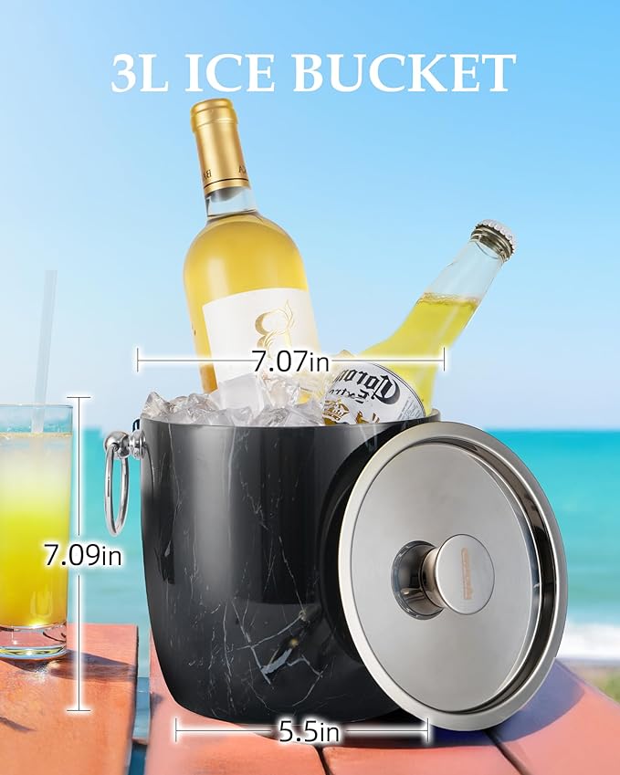 3 Liters Ice Bucket, Double Wall Stainless Steel, Insulated Ice Bucket, Including Strainer & Ice Cover Ice Tongs, Scoope,Black Marble