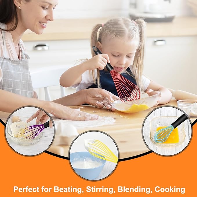 HOTEC 4 Pieces Silicone Whisks Set, Wire Balloon Whisks Egg Beater, Non-slip Handle Whisk for Non-stick Cookware Perfect for Cooking, Stirring, Beating and Blending (Multicolor)