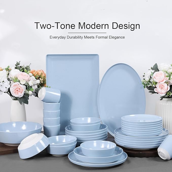 Webbylee Melamine Dessert Plates Set of 6-7.5" Serving Durable Dishes Perfect for Kitchen Outdoor Use,Durable Small Plates for Salad-Blue & Beige