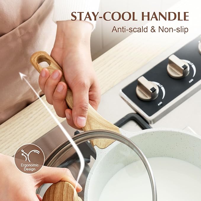 SENSARTE White Ceramic Nonstick Saucepan with Lid 2.0 Quarts, Small Cooking Pot with Stay Cool Handle, Induction Compatible Saucepot, White Granite Coating, Free of Intentionally Added PTFE/PFOA/PFAS