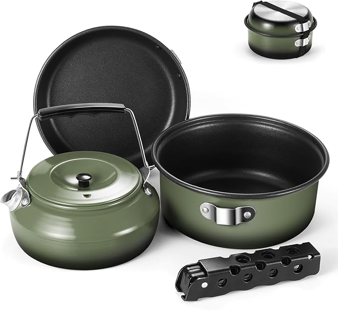 Odoland 5pcs Camping Cookware Non-Stick Camping Pot and Pan Set with Kettle and Removable Handle for Hiking Backpacking and Picnic