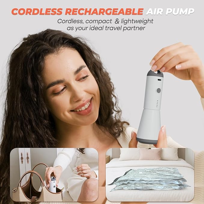Vacuum Seal Bags for Clothing with Rechargeable Cordless Pump, 12 Pack Compression Packing Bags, Space Saver Storage for Seasonal Clothes Bedding Blanket Pillows Comforters Luggage Travel