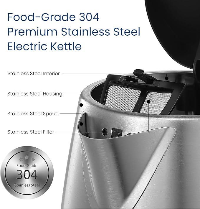 COMFEE' Stainless Steel Electric Kettle, 1.7 Liter Tea Kettle Electric & Hot Water Kettle, 1500W Fast Boil with LED Light, Auto Shut-Off and Boil-Dry Protection