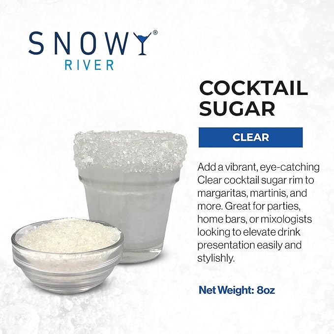 Snowy River Clear Cocktail Sugar - - Vibrant Naturally Colored Sugar for Cocktail Rimming, Baking & Decorating, Medium Crystal (8oz, Medium Crystal)