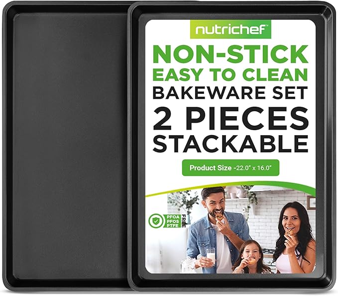 NutriChef 2-Piece XL Mega Cookie Sheet Baking Pans Set - 22" x 16" Extra Large Nonstick Carbon Steel Oven Baking Tray Pans, Stackable Bakeware, Black - NCLGBP16