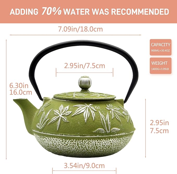 Cast Iron Teapot Tea Kettle with Stainless Steel Infuser for Stovetop Safe Coated with Enameled Interior Japanese Tetsubin with Maple Leaves Pattern(30.4oz/900ml) (Color-2)