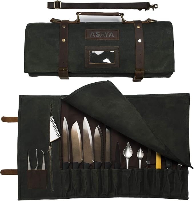 Asaya Waxed Canvas Knife Roll - 15 Knife Slots, Card Holder and Large Zippered Pocket - Genuine Leather, Cloth and Brass Buckles - for Chefs and Culinary Students - Knives Not Included
