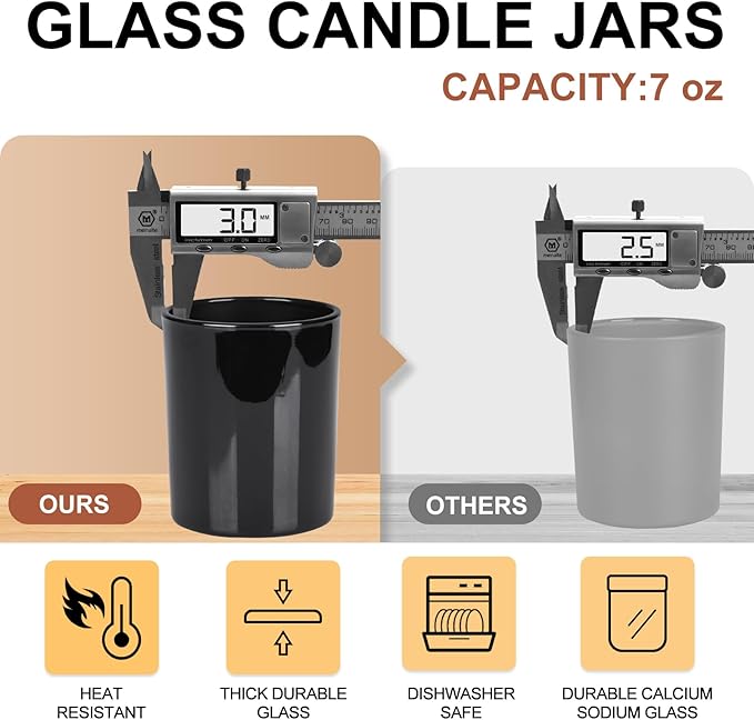Thick Candle Jars for Making Candles 12 Pcs, 7 OZ Empty Jars with Wood Lids for Candle Making, Sample Container, Light Black