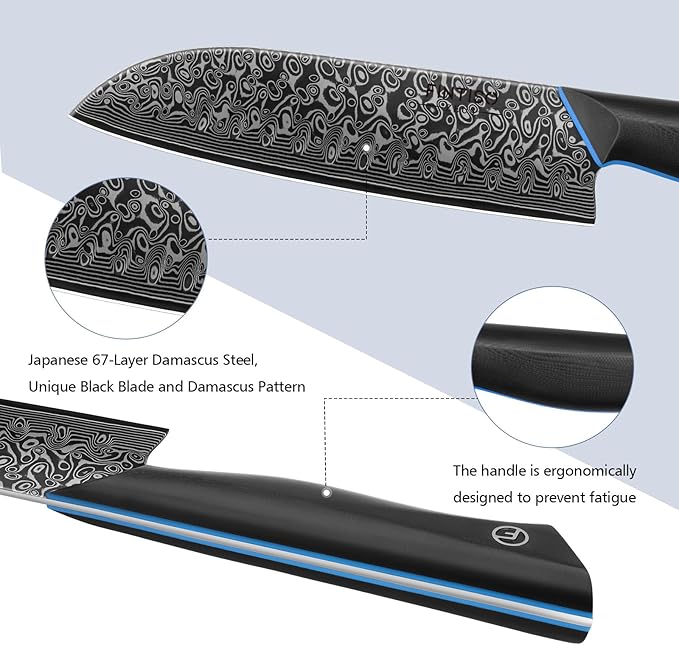 FINTISO 7-Inch Kitchen Knife, 67-Layer Japanese Damascus Steel Chef's Santoku With G10 Handle - Professional Cooking Tool for Home and Kitchen
