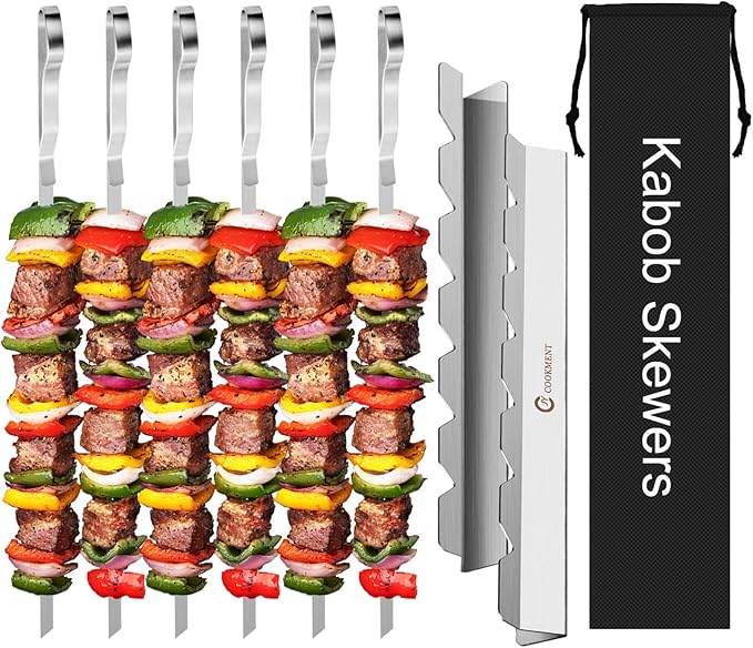 Kabob Skewers Stainless Steel Long BBQ Barbecue Skewers, Flat Metal Kebob Sticks Wide Reusable Grilling Skewers for Meat Chicken,Set of 9 Including 2 barbeecue rack with Storage Bag
