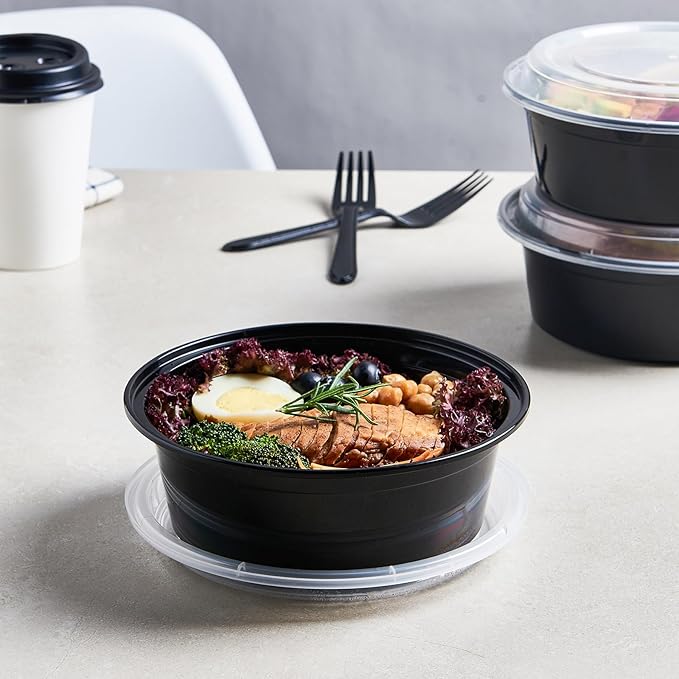 FULING 32 oz 150 ct Round Meal Prep Containers with Lids Plastic Food Storage Lunch Plan To Go Box Disposable Take Out Bowls Black BPA Free Reusable Durable Stackable Microwave Freezer Dishwasher Safe