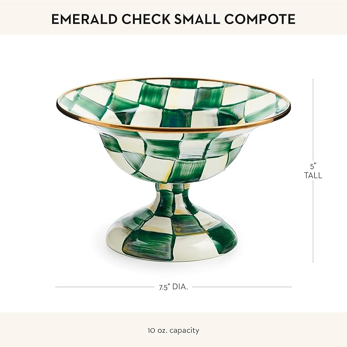 MACKENZIE-CHILDS Enamel Compote, Cute Enamel Pedestal Serving Dish or Decorative Bowl, Small, Green-and-White Emerald Check