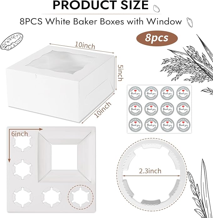 JCD 8 Packs 1+5 Cupcake Box Combo with Clear Window,1 small Cake and 5 Cupcakes Box with insert and Stickers, for Family Birthday Party Mother's day (1+5/8pcs)