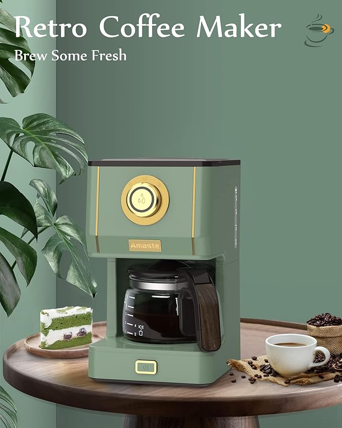 Amaste Drip Coffee Maker, Coffee Machine with 25 Oz Glass Coffee Pot, Retro Style Coffee Maker with Reusable Filter & Three Brewing Modes, 30minute-Warm-Keeping, Matcha Green