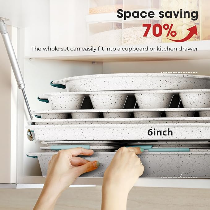 11-Piece Non-Toxic Bakeware Set – Nonstick, Stackable & Oven Safe with Heat-Resistant Silicone Handles – Cookie Sheet, Cake Pan, Muffin Mold, Pizza Tray & Bread Loaf Dish, White & Sky Blue