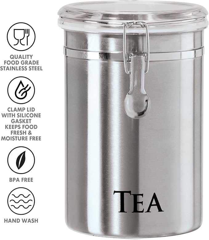 Oggi Stainless Steel Tea Canister 62 fl oz - Airtight Clamp Lid, Clear See-Thru Top - Ideal for Tea Bag, Loose Tea, Kitchen Storage, Pantry Storage. Large Size 5" x 7.5".