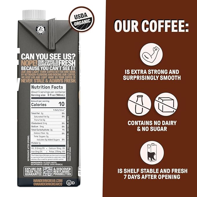 Wandering Bear Decaf Cold Brew Coffee - Bold, Smooth, No Sugar Added, Shelf-Stable, Ready to Drink, Gluten Free & Vegan Decaf Iced Cold Brewed Coffee Drink - 32 fl oz, 6 pack