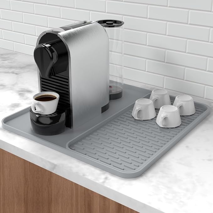 Silicone Coffee Mat,16'' x 16'' Coffee Bar Mat with Detachable Dish Drying Mat for Kitchen Countertops,Coffee Bar Accessories Fit Under Coffee Maker Coffee Machine Espresso Machine Dish Rack