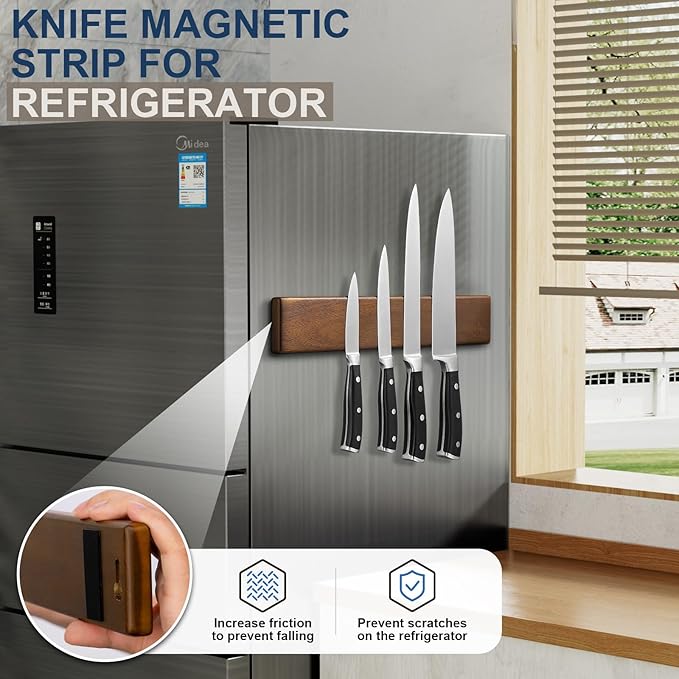 ENOKING Magnetic Knife Holder for Wall, Knife Magnetic Strip No Drilling 16 Inch, Powerful Kitchen Knife Magnetic Holder, Acacia Wood Knife Magnet for Kitchen Utensil Organizer with 4 Hooks