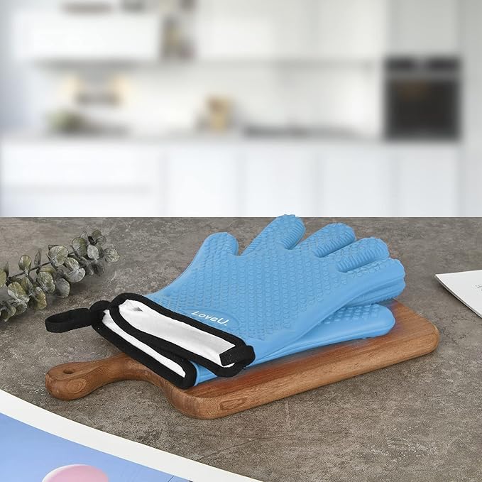 Kitchen Oven Gloves - Dual-Layer Heat Resistant Grilling Gloves, Silicone Oven Mitts with 5 Fingers, Waterproof Non-Slip Pot Holder for Barbecue, Cooking, Baking (XL-XXXL, Blue)
