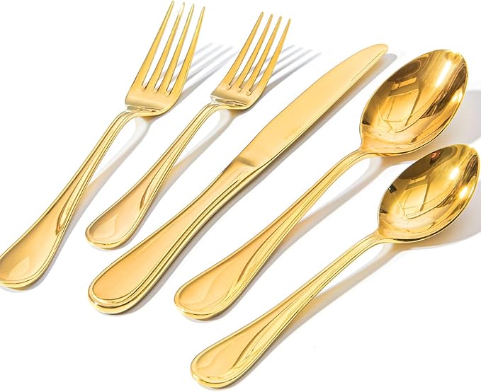 KINGSTONE 20 Piece Teardrop Silverware Set for 4, 18/10 Stainless Steel Flatware Set, Modern Design Cutlery Set for Home/Hotel/Wedding,Mirror Polished and Dishwasher Safe, Gold