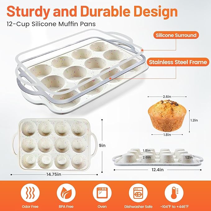 2Pack Silicone Muffin Pan for Baking with Metal Reinforced Frame, 12 Cup Regular Size Cupcake Pan, BPA Free Silicone Muffin Tray, Cupcake Baking Pan Molds for Oven Dishwasher Safe