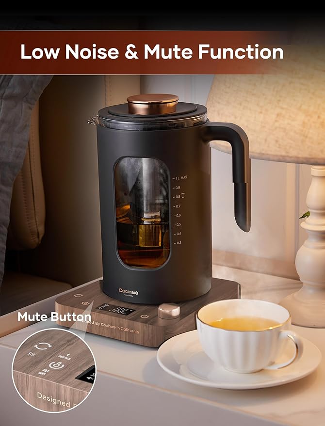 Electric Tea Kettle, INTASTING Glass Electric Kettle with tea Infuser and Precise knob temperature control, 1200W Fast Heating, BPA-Free, Easy to Clean, for Tea and coffee, 1 Liter (Wood)