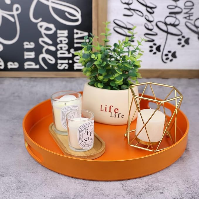 Round Orange Decorative Serving Tray with Handles, 13” Versatile Ottoman Tray for Coffee Table, Entertaining, Outdoor Patio, Living Room