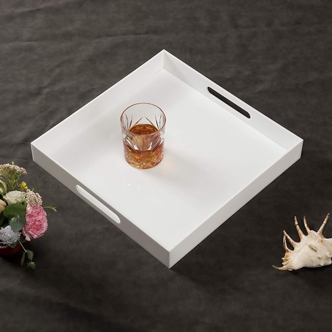 Glossy White Sturdy Acrylic Serving Tray with Handles-14x14Inch-Serving Coffee,Appetizer,Breakfast,Butler-Kitchen Countertop Tray-Makeup Drawer Organizer-Vanity Table-Ottoman Tray