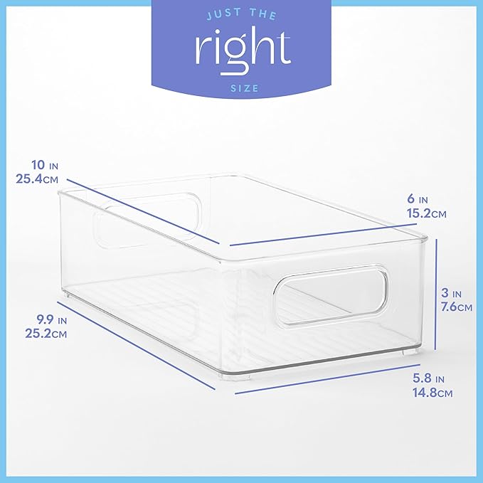 Plastic Food Storage 6 Pack Clear Container Bin with Handles for Organizing Kitchen, Pantry, Refrigerator, Freezer, Pantry, Cabinet, Closet, Bathroom. Stackable 10”x6”x3”
