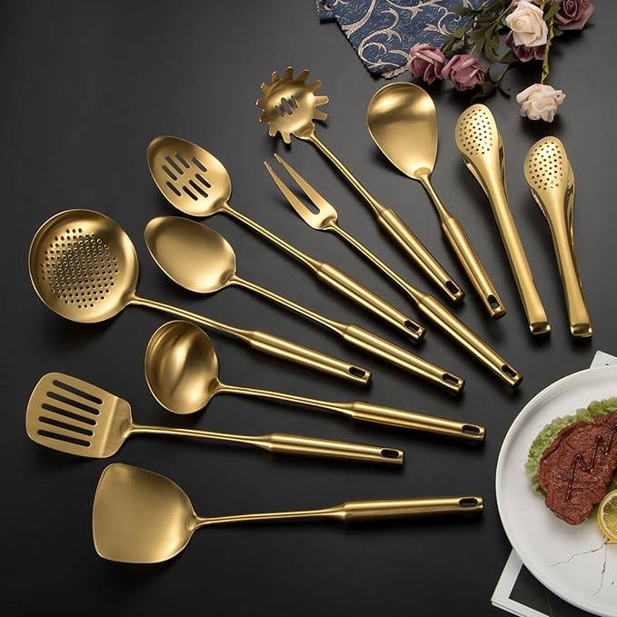 304 Stainlss Steel Matte Kitchen Utensils Set, 11 Pcs Long Metal Cooking Utensil Gadgets Tools Set with Spatula, Spoon, Ladle, Skimmer, Tunner, Pasta Server, Tongs(Gold, Dishwasher Safe)