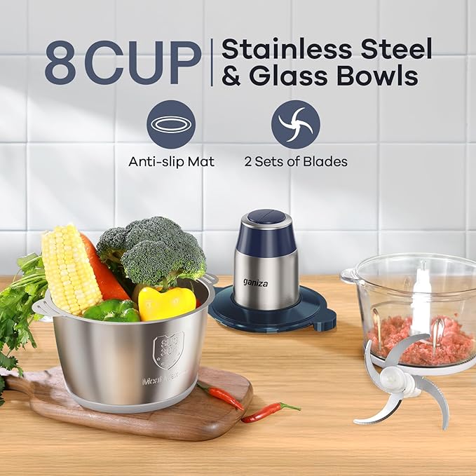 GANIZA Food Processors, Electric Chopper with Meat Grinder & Veggie Chopper - 2 Bowls with Powerful Copper Motor - Includes 2 Sets of Bi-Level Blades for Baby Food/Meat (Blue, 8 Cup+8 Cup)