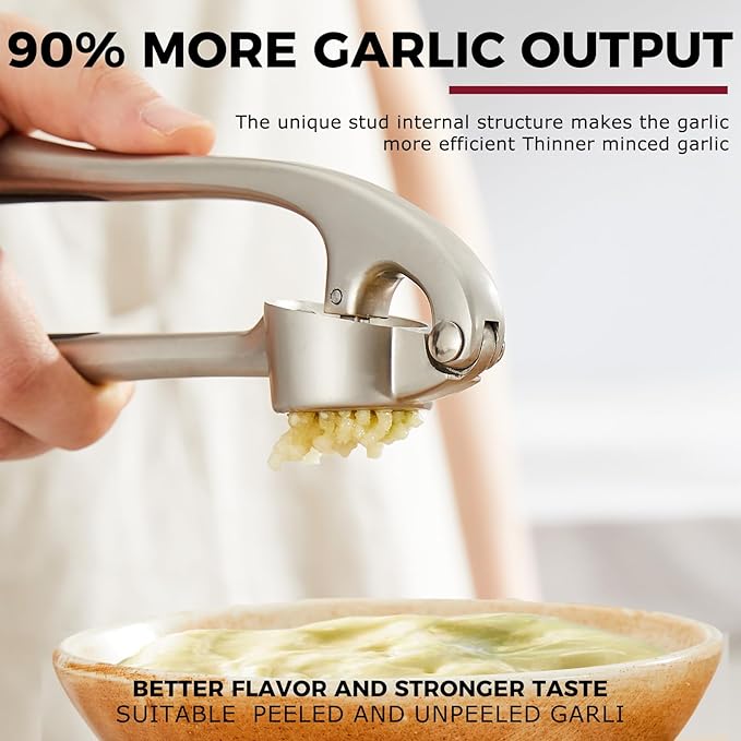 Kitessensu High Effective Garlic Press With Studs, Heavy Duty Garlic Mincer, Easy to Squeeze and Clean, Rust Proof & Dishwasher Safe, Ginger Crusher- Imperial Silver