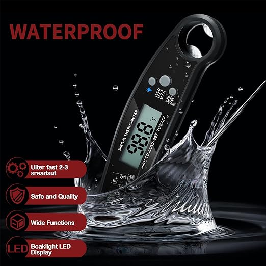 Leelosp 3 Pcs Digital Meat Thermometer with Probe Waterproof Fast Read Food Thermometer Kitchen Grilling Cooking with Backlight Magnet and Calibration for Baking BBQ(Red, Black)